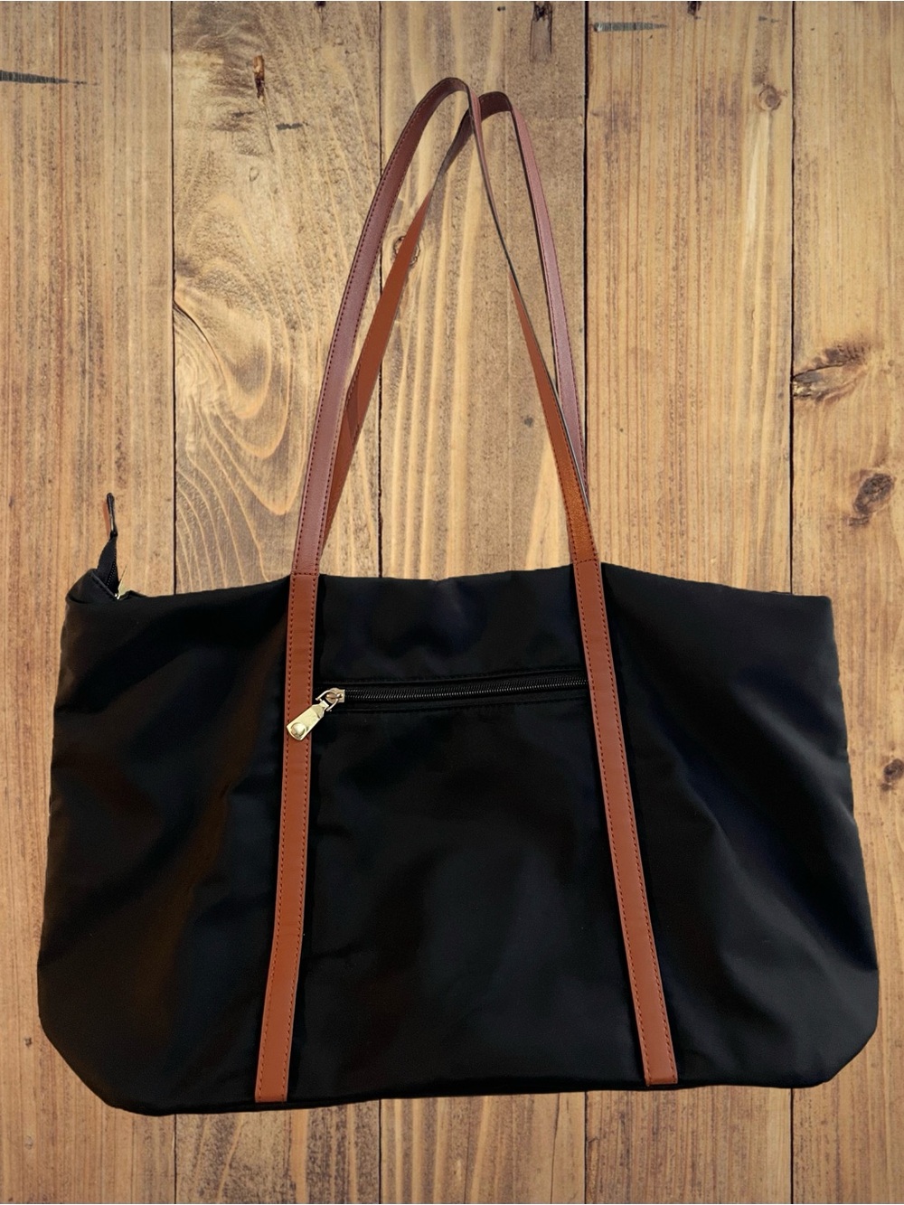 Classic Black Tote Bag with Brown Straps